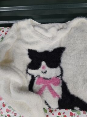 White Fuzzy Sweater with Black Cat and Pink Bow